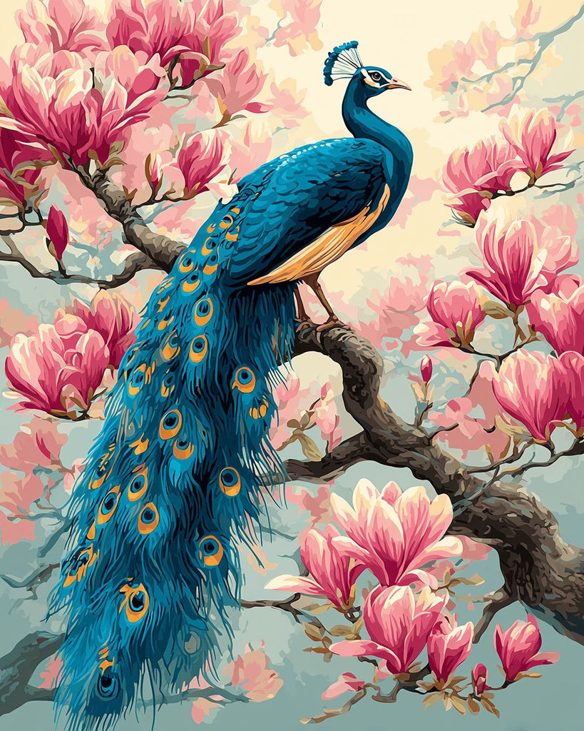 Paon Vert sur un Magnolia Rose Peinture par Numéros