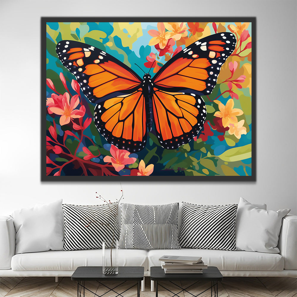 Papillon Monarque dans les Fleurs Peinture par Numéros