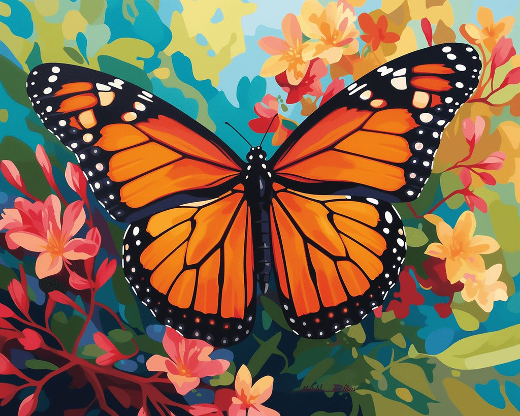 Papillon Monarque dans les Fleurs Peinture par Numéros