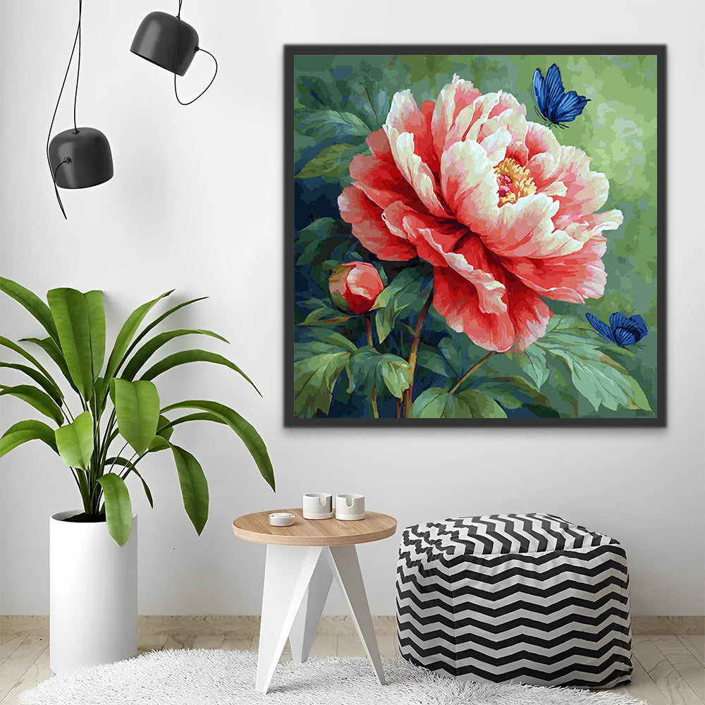 Papillons Bleus Volant vers une Pivoine Rose Peinture par Numéros