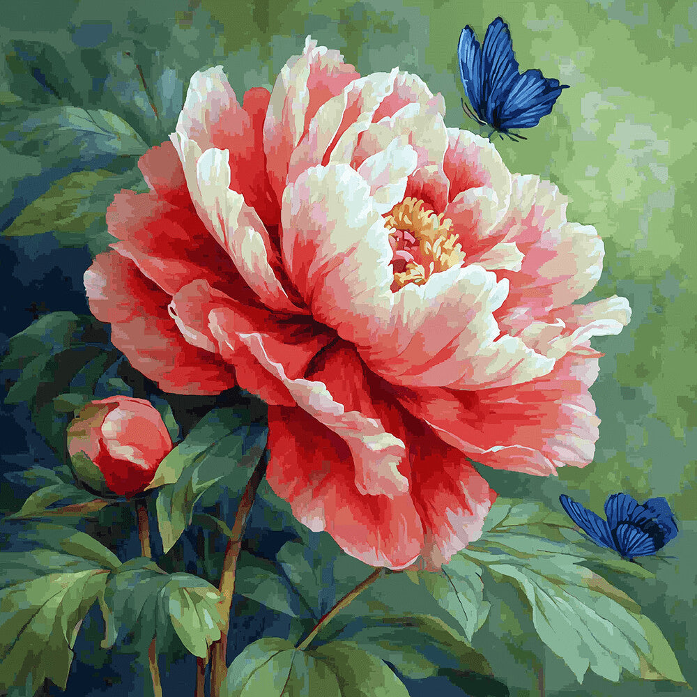 Papillons Bleus Volant vers une Pivoine Rose Peinture par Numéros
