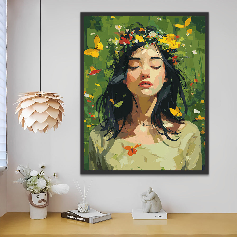 Papillons de Printemps Entourent la Femme Peinture par Numéros
