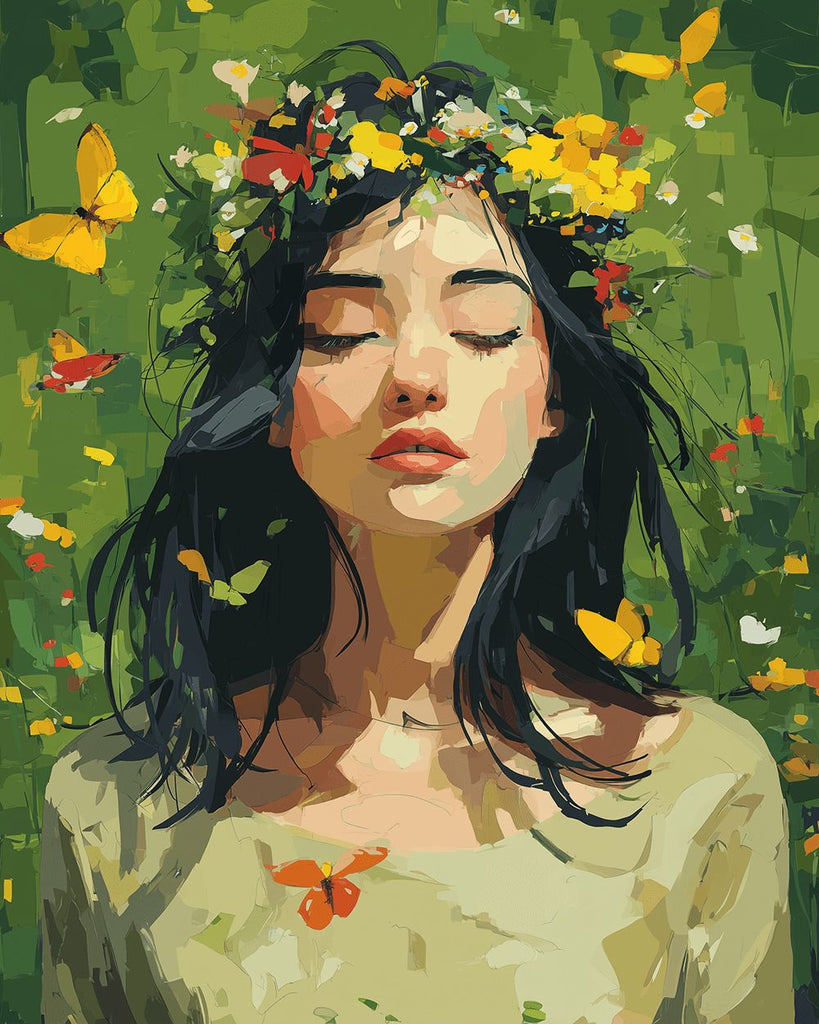 Papillons de Printemps Entourent la Femme Peinture par Numéros