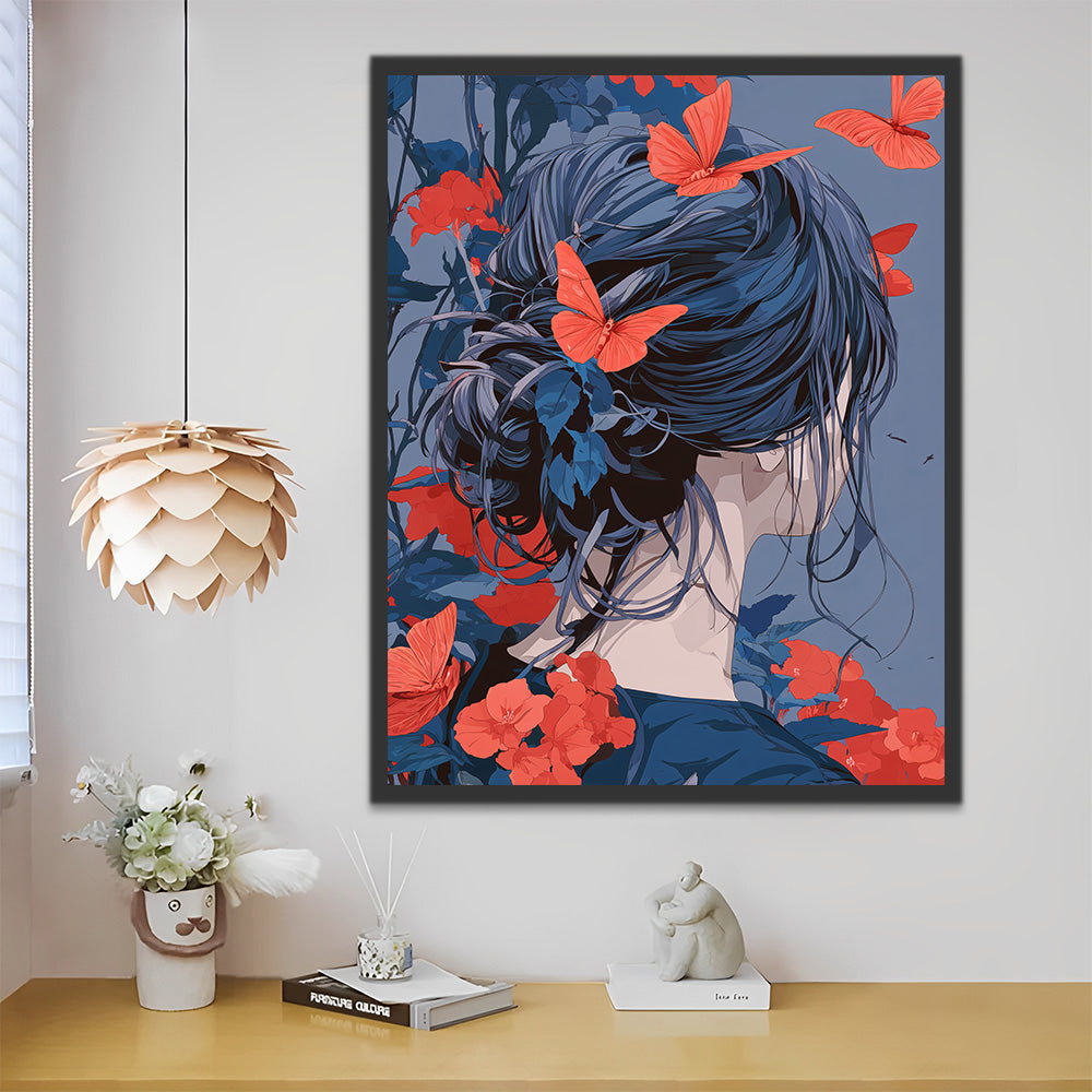 Papillons Rouges Entourent la Femme Peinture par Numéros