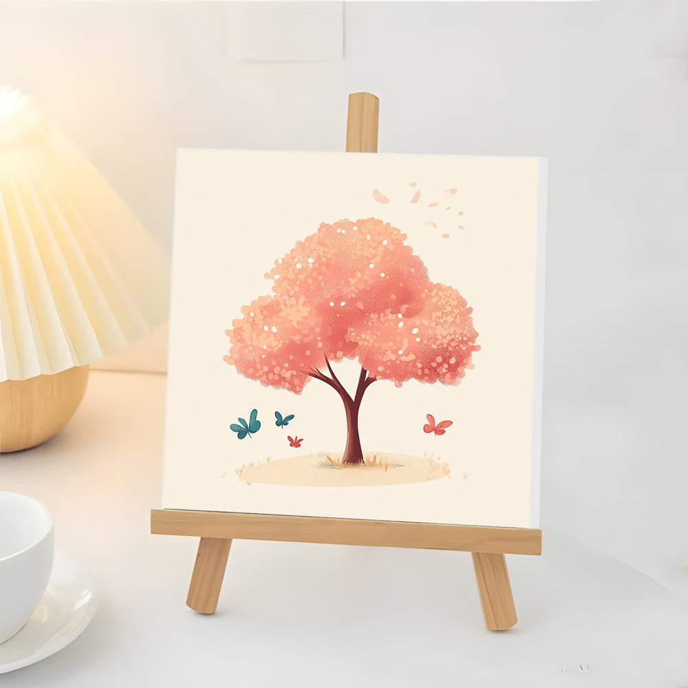 Papillons Voltigeant autour un Arbre Rose Mini Peinture par Numéros