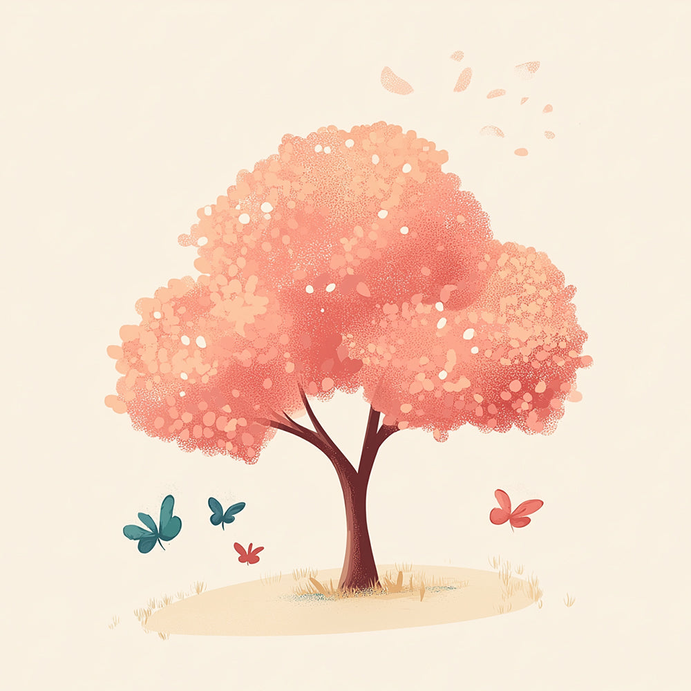 Papillons Voltigeant autour un Arbre Rose Mini Peinture par Numéros