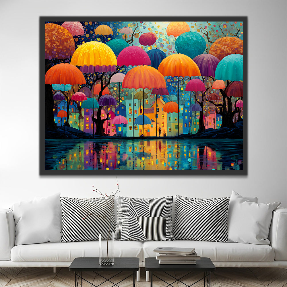 Parapluies Colorés au-dessus de la Maison Peinture par Numéros