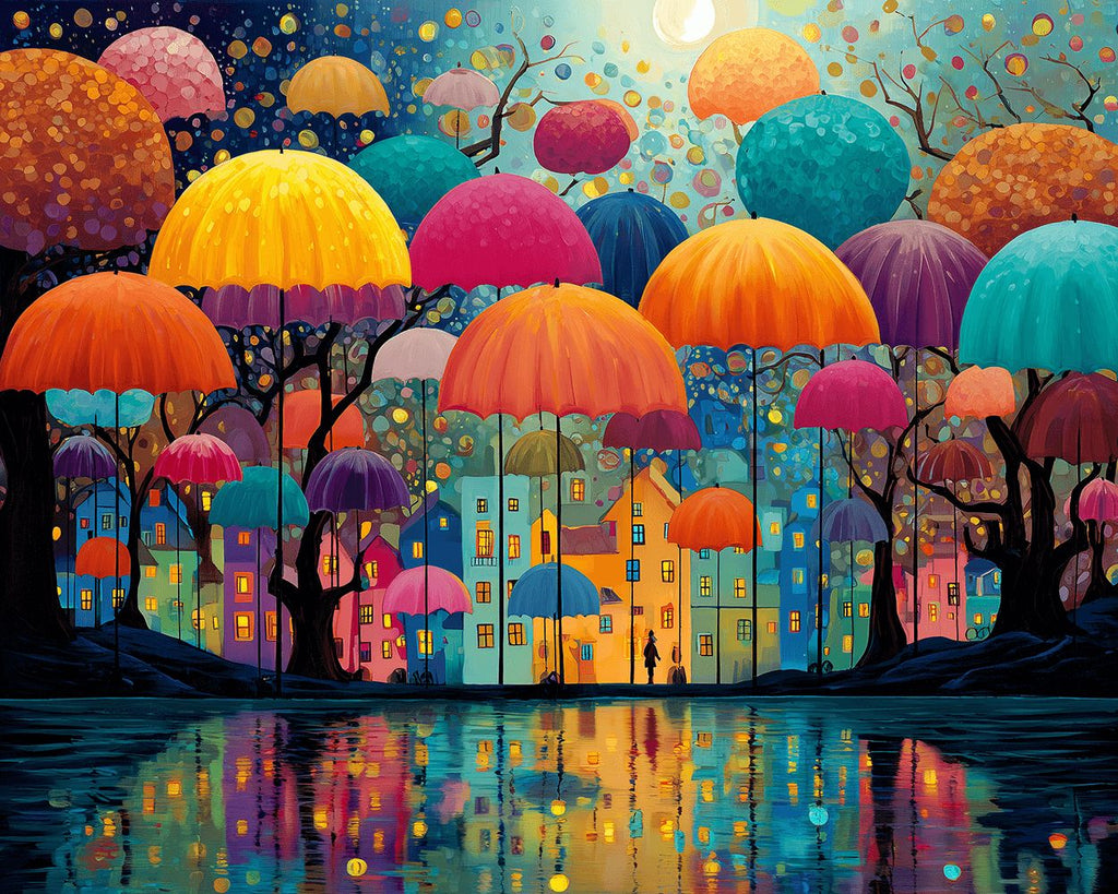Parapluies Colorés au-dessus de la Maison Peinture par Numéros