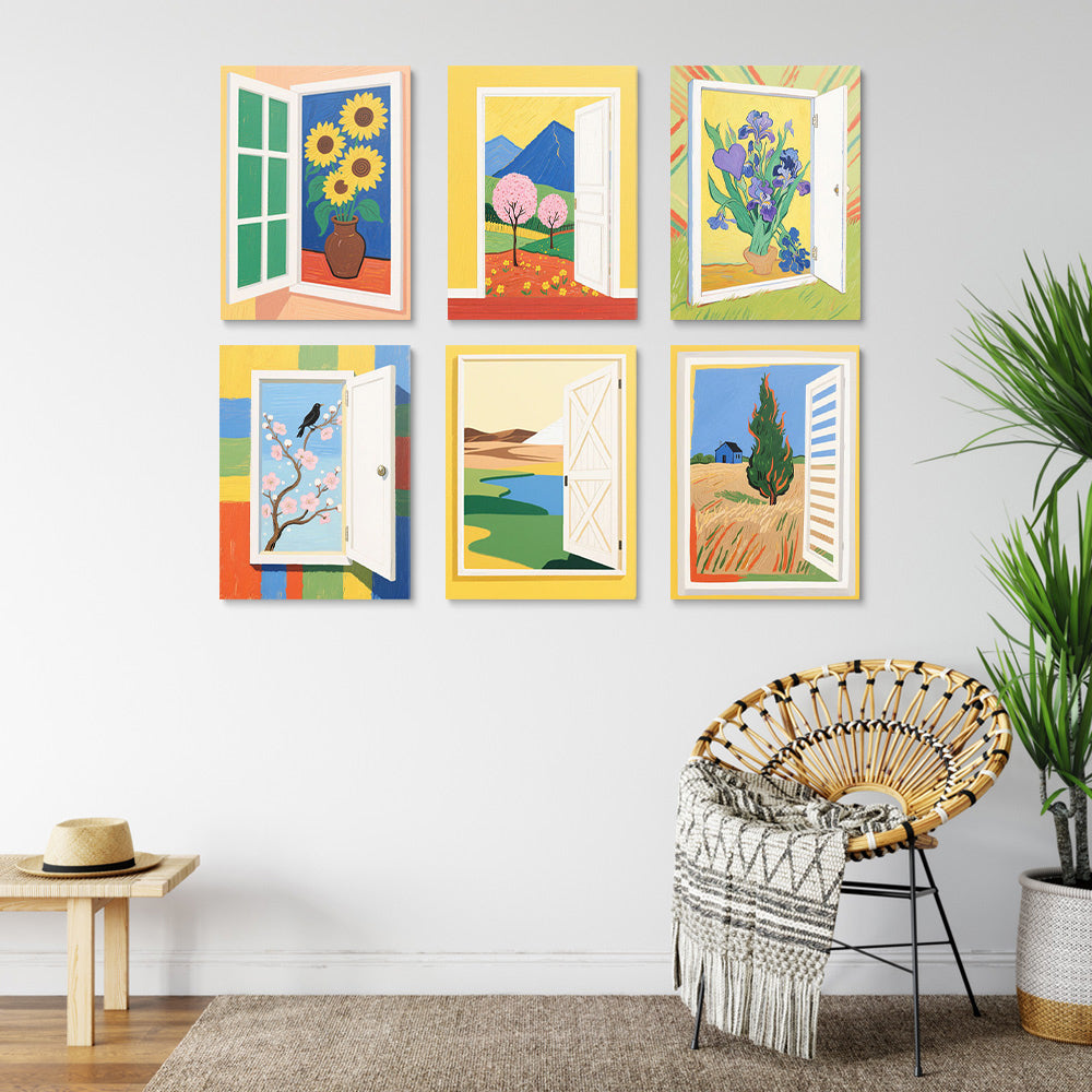 Paysage d'Automne à la Fenêtre 6 Mini Peintures par Numéros
