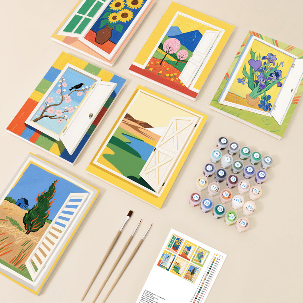 Paysage d'Automne à la Fenêtre 6 Mini Peintures par Numéros