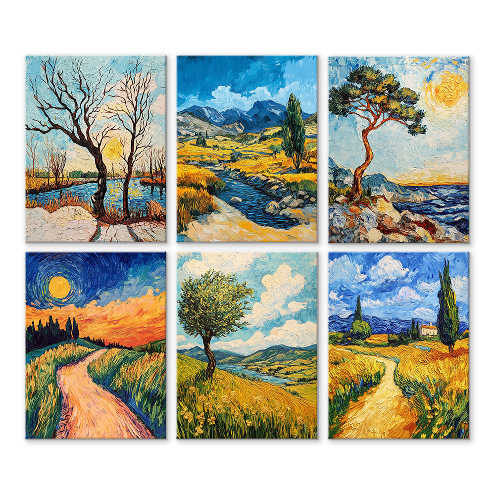 Paysage Naturel dans le Style de Van Gogh 6 Mini Peintures par Numéros