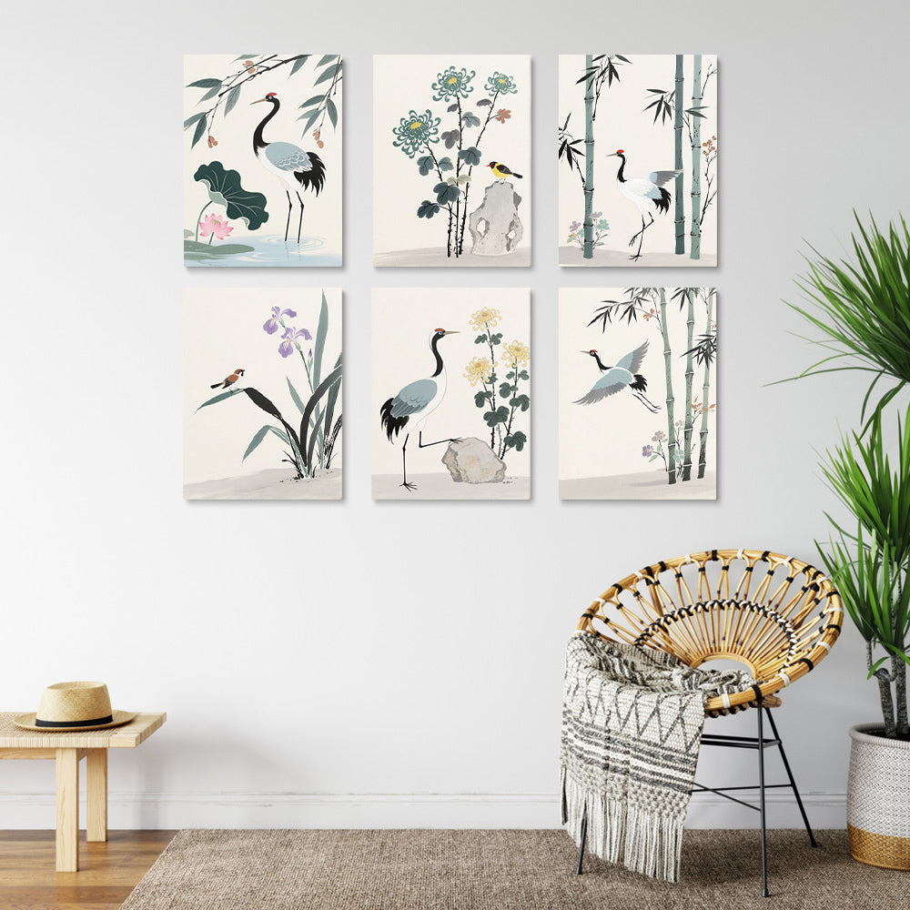 Peinture à l'Encre de Grues et Bambou 6 Mini Peintures par Numéros