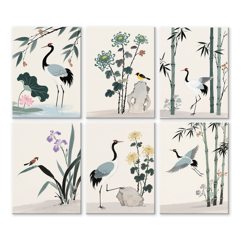Peinture à l'Encre de Grues et Bambou 6 Mini Peintures par Numéros