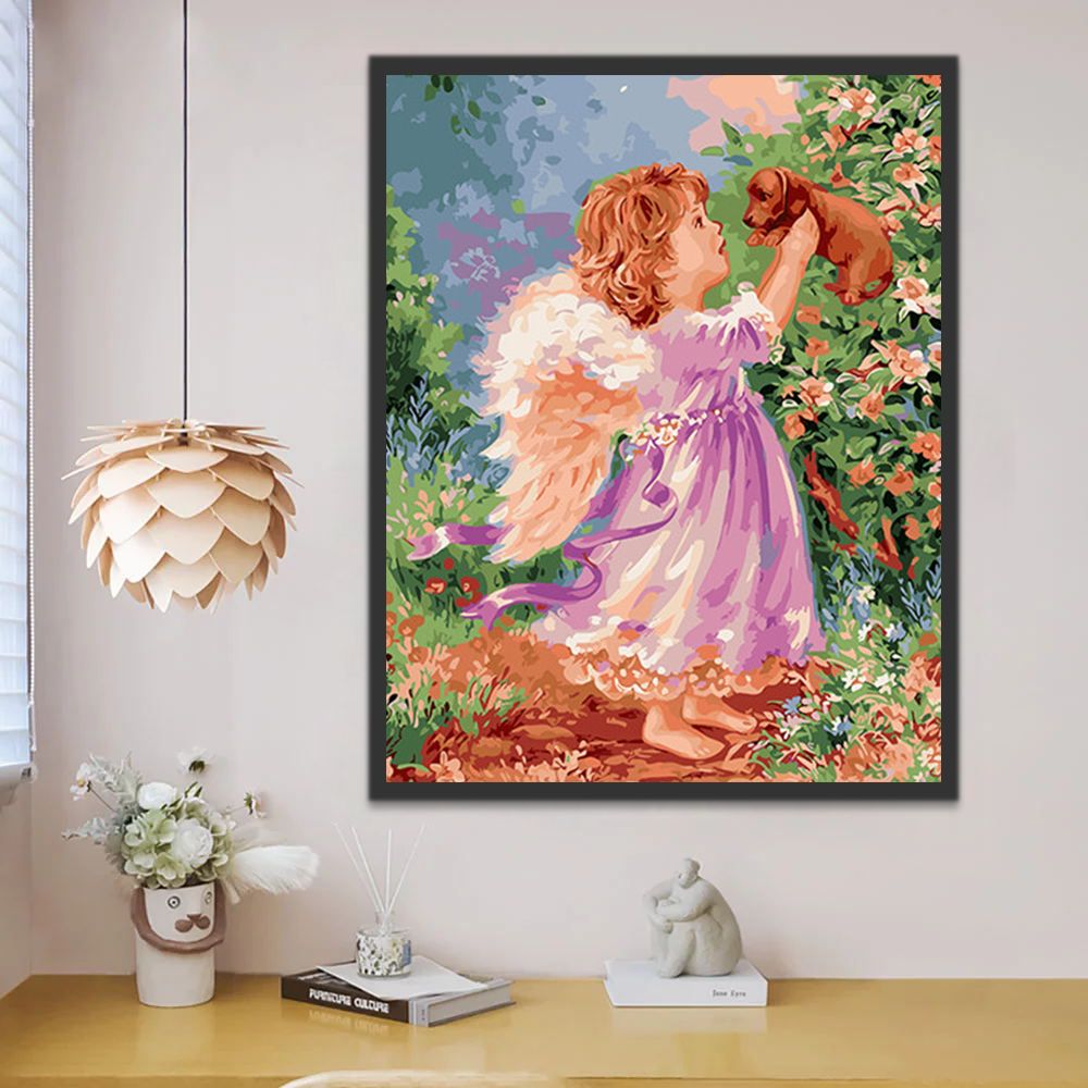 Petit Ange et Chiot Enfants Peinture par Numéros