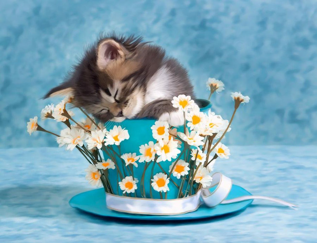 Petit Chaton Gris dans une Tasse de Marguerites Peinture par Numéros