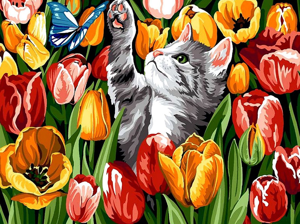 Petit Chaton Gris et Tulipes Peinture par Numéros
