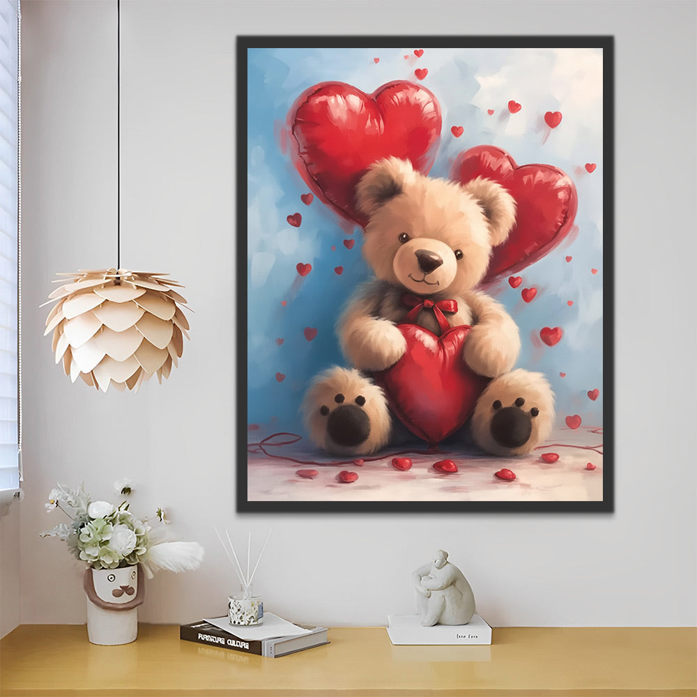 Petit Ours Tenant des Ballons en Forme de Cœur Peinture par Numéros