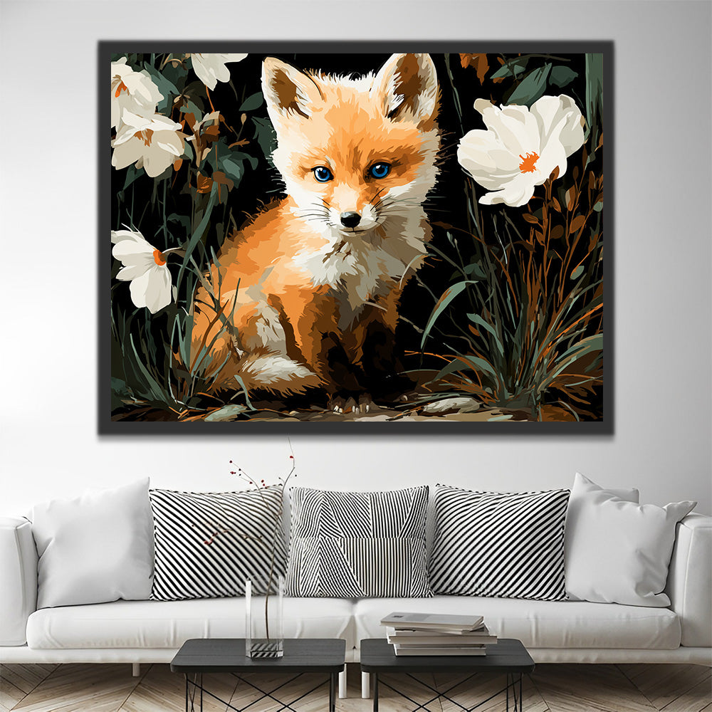 Petit Renard et Fleurs Sauvages Blanches Peinture par Numéros