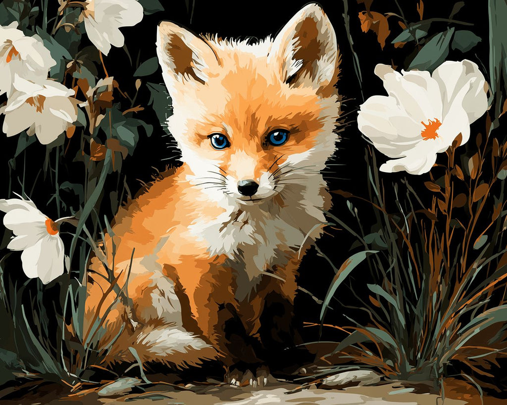 Petit Renard et Fleurs Sauvages Blanches Peinture par Numéros
