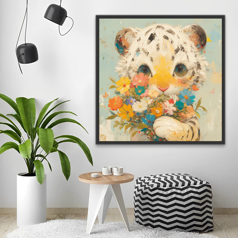 Petit tigre tenant une fleur Peinture par Numéros