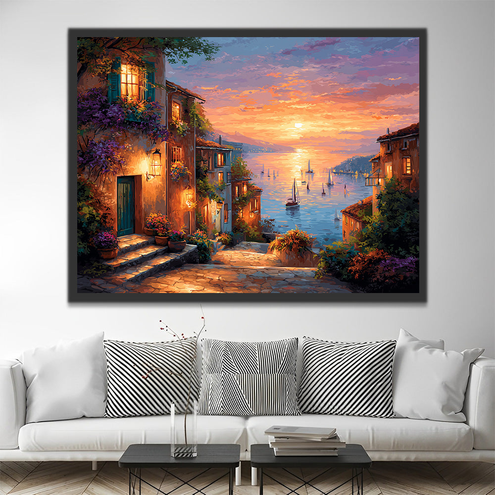 Petit Voilier Blanc d'une Ville Côtière en Mer Peinture par Numéros