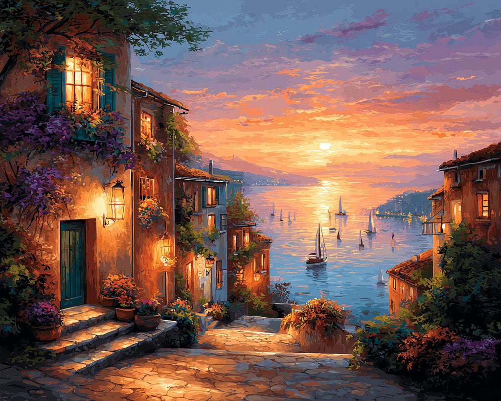 Petit Voilier Blanc d'une Ville Côtière en Mer Peinture par Numéros