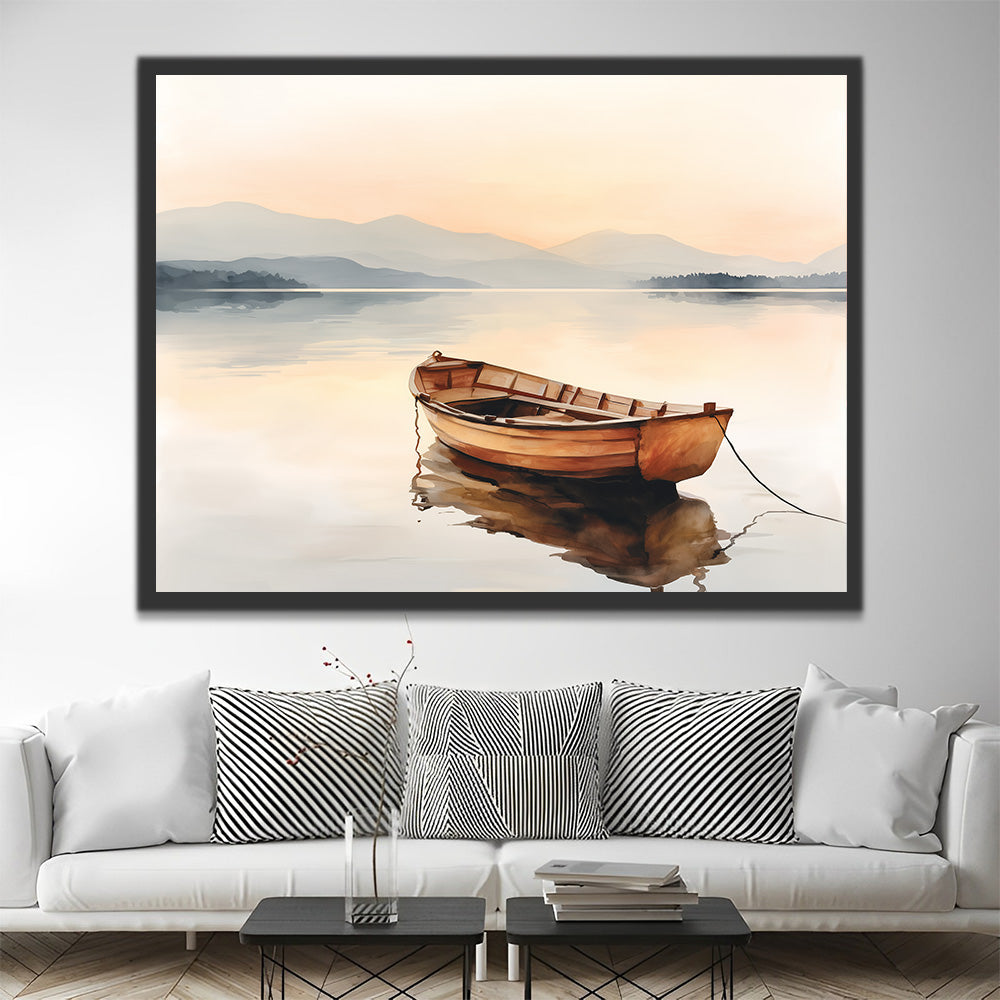 Petite Barque en Bois sur un Lac Calme Peinture par Numéros