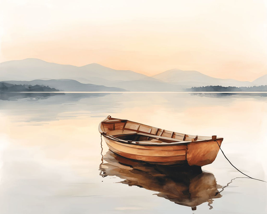 Petite Barque en Bois sur un Lac Calme Peinture par Numéros