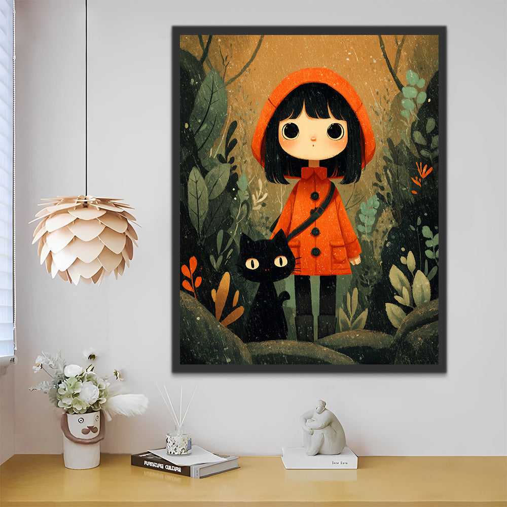 Petite Fille, Le Petit Chaperon Rouge et Chat dans la Jungle Peinture par Numéros