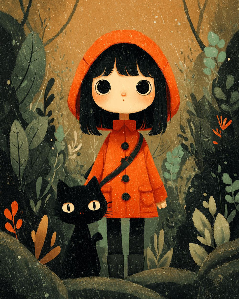 Petite Fille, Le Petit Chaperon Rouge et Chat dans la Jungle Peinture par Numéros