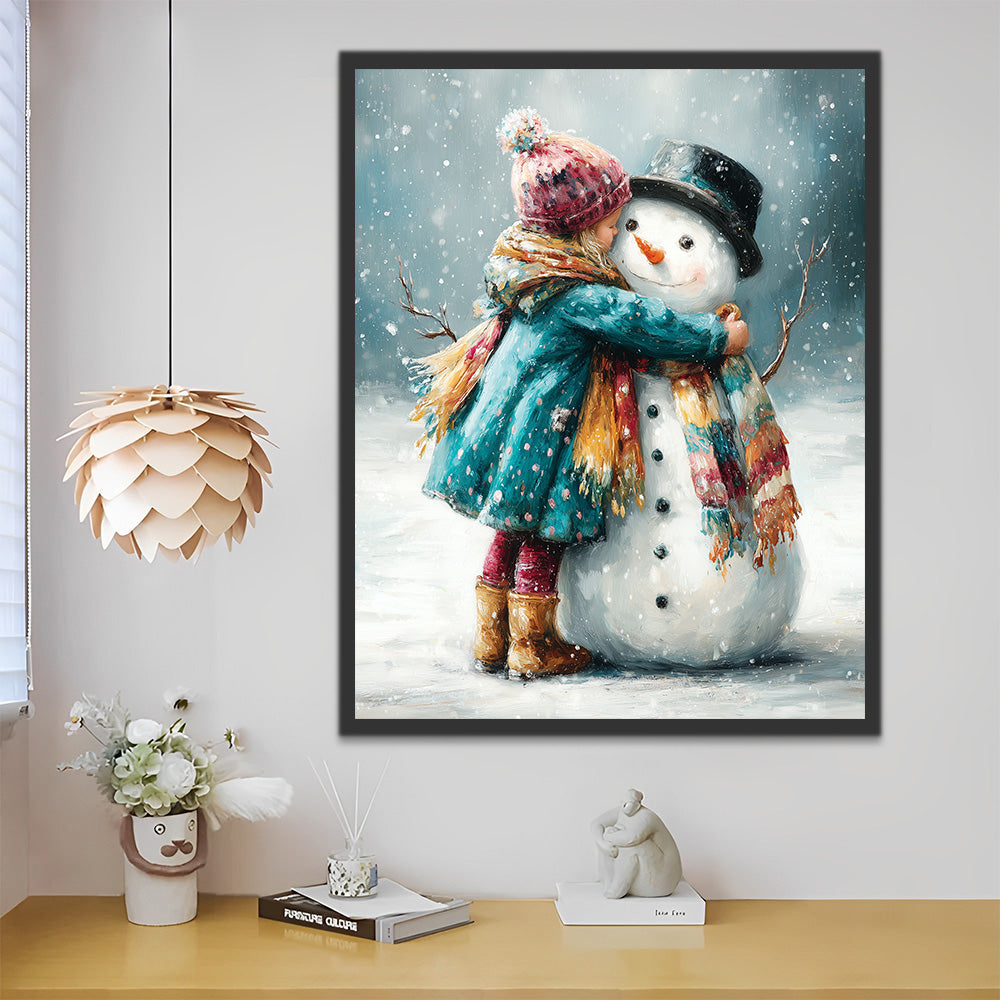 Petite Fille Serrant un Bonhomme de Neige Peinture par Numéros