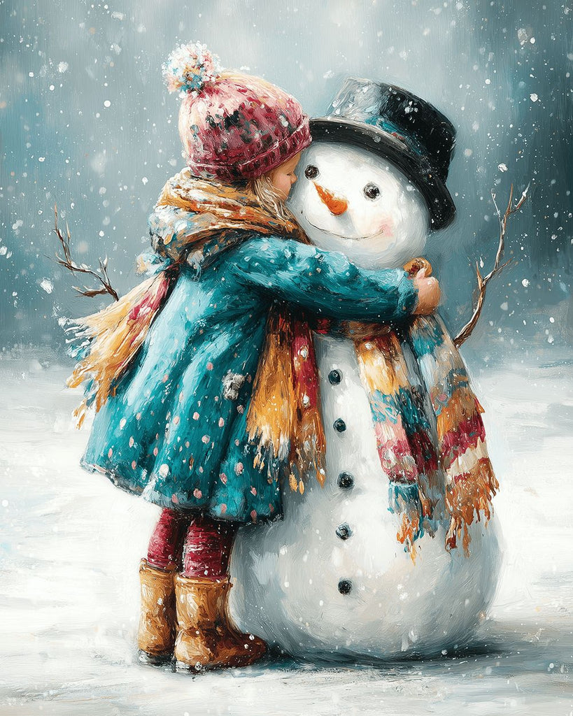 Petite Fille Serrant un Bonhomme de Neige Peinture par Numéros