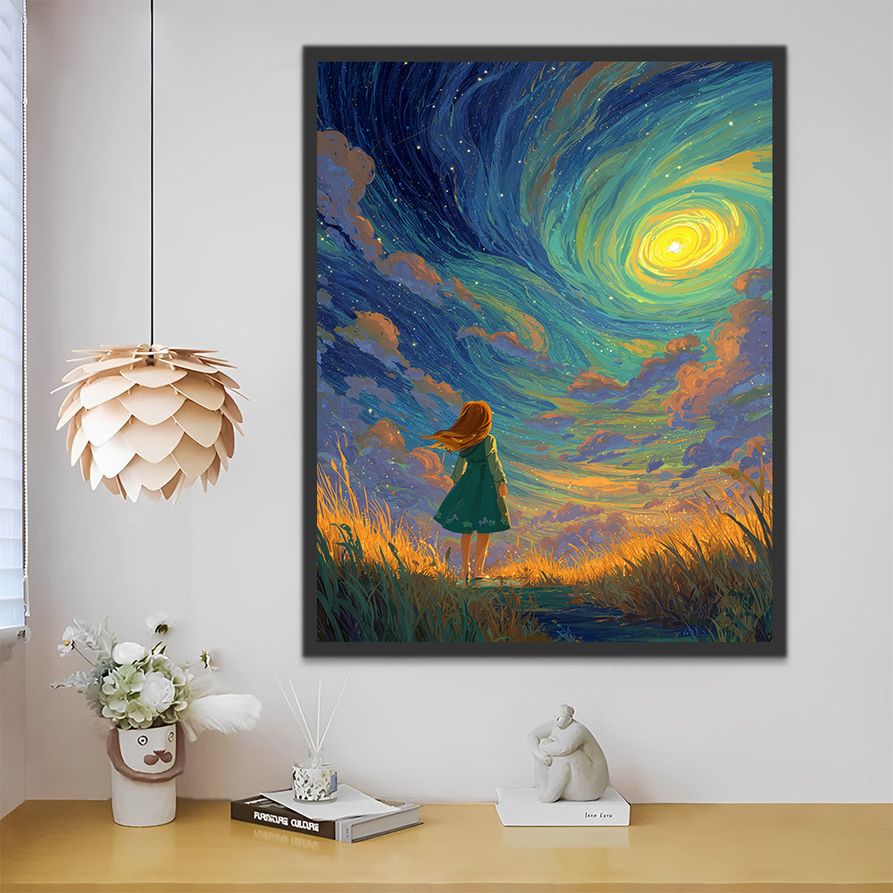 Petite Fille sur la Prairie Observant les Aurores Peinture par Numéros