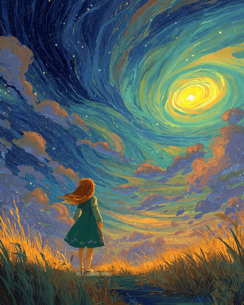 Petite Fille sur la Prairie Observant les Aurores Peinture par Numéros