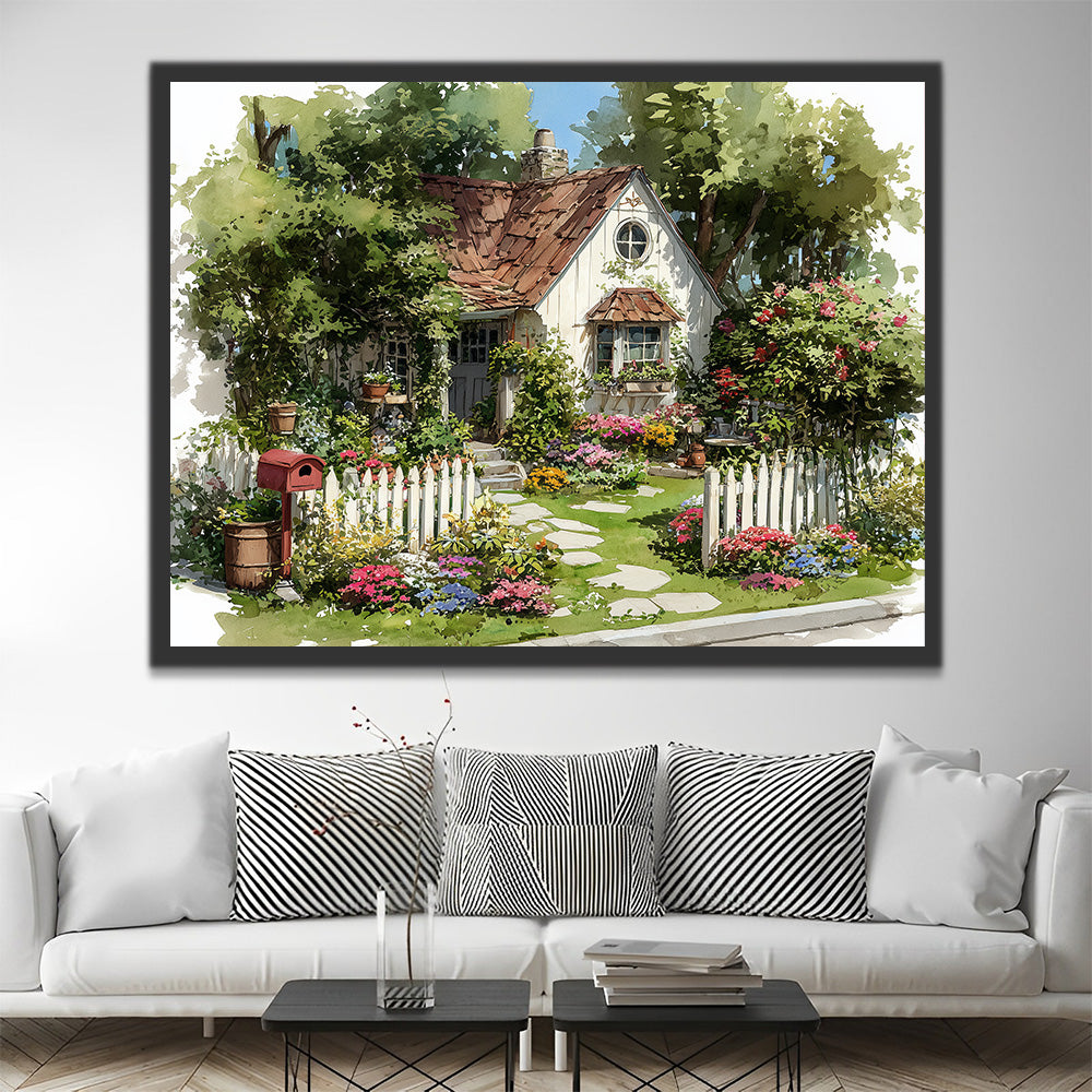 Petite Maison Blanche Pleine de Fleurs et Plantes Peinture par Numéros
