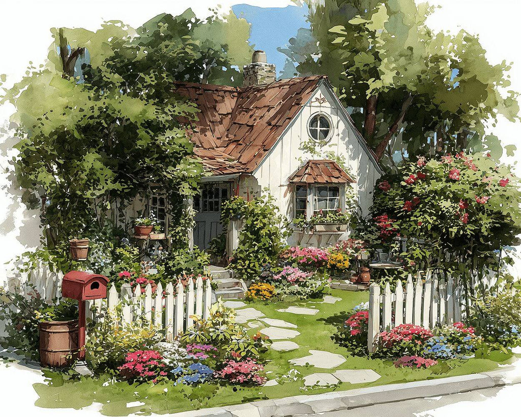 Petite Maison Blanche Pleine de Fleurs et Plantes Peinture par Numéros