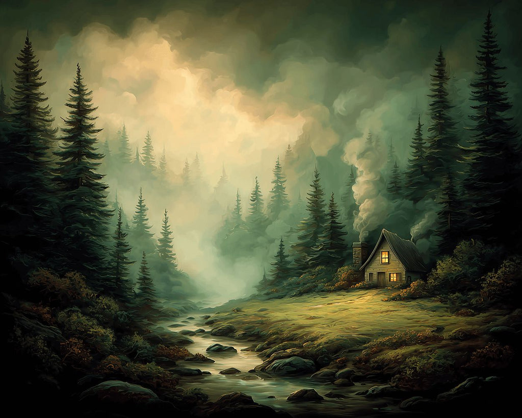 Petite Maison dans la Forêt Brumeuse Peinture par Numéros