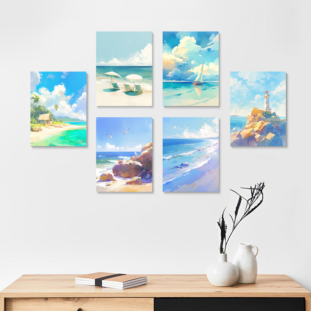 Phare et Bateau sur le Bord de Mer 6 Mini Peintures par Numéros