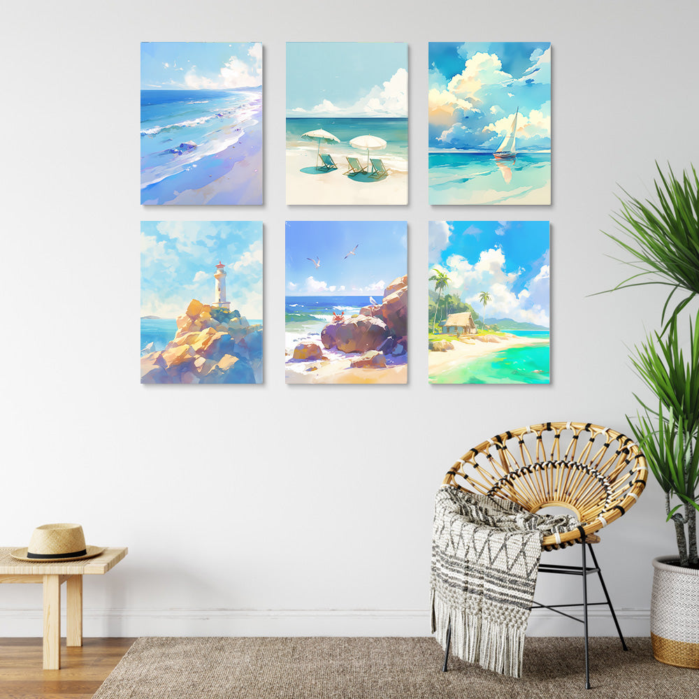 Phare et Bateau sur le Bord de Mer 6 Mini Peintures par Numéros