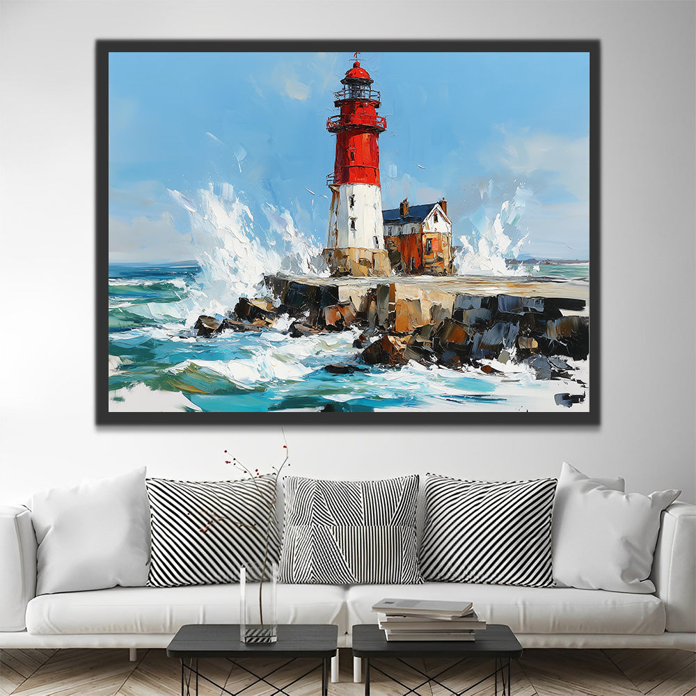 Phare Rouge et Blanc dans la Mer Peinture par Numéros