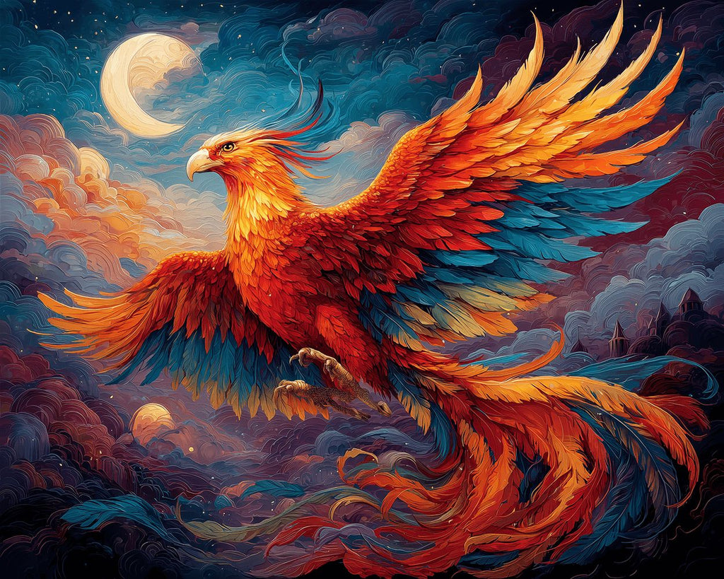 Phénix de Feu Volant à Travers les Nuages Colorés Peinture par Numéros