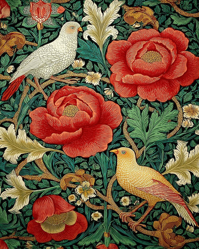 Pigeons parmi les Vignes de Fleurs Rouges Peinture par Numéros