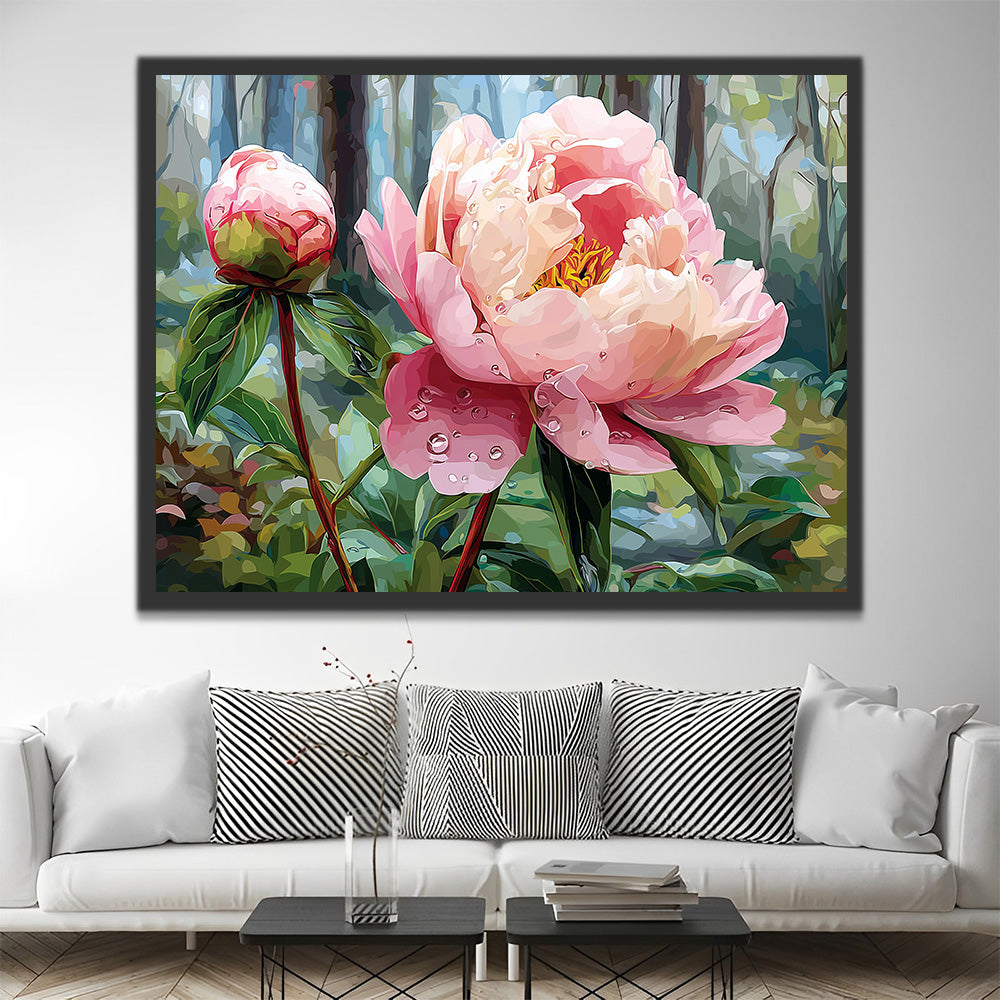 Pivoine Rose et Bourgeon de Fleur dans la Forêt Peinture par Numéros