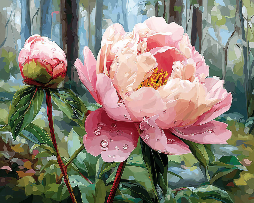 Pivoine Rose et Bourgeon de Fleur dans la Forêt Peinture par Numéros