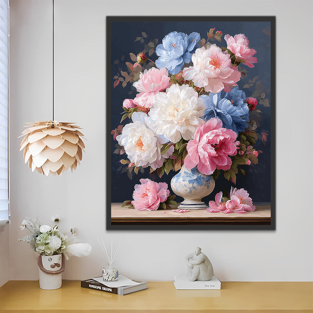 Pivoines Colorées dans un Vase en Porcelaine Bleue et Blanche Peinture par Numéros