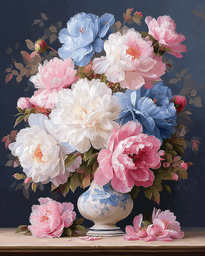 Pivoines Colorées dans un Vase en Porcelaine Bleue et Blanche Peinture par Numéros