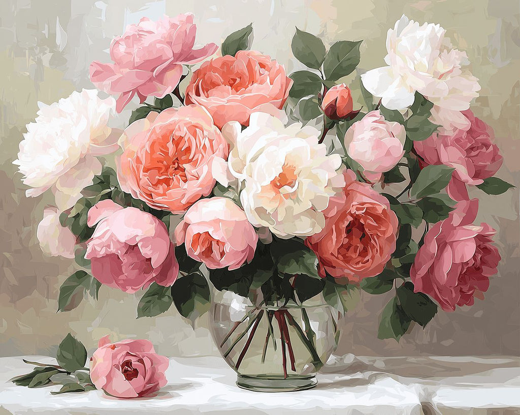 Pivoines Roses et Blanches Peinture par Numéros