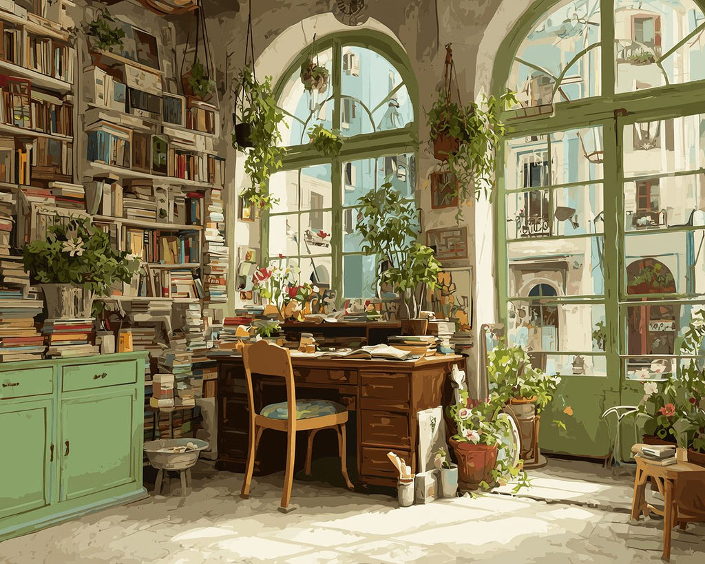 Plantes en Pot Fanées dans un Bureau Vert Peinture par Numéros