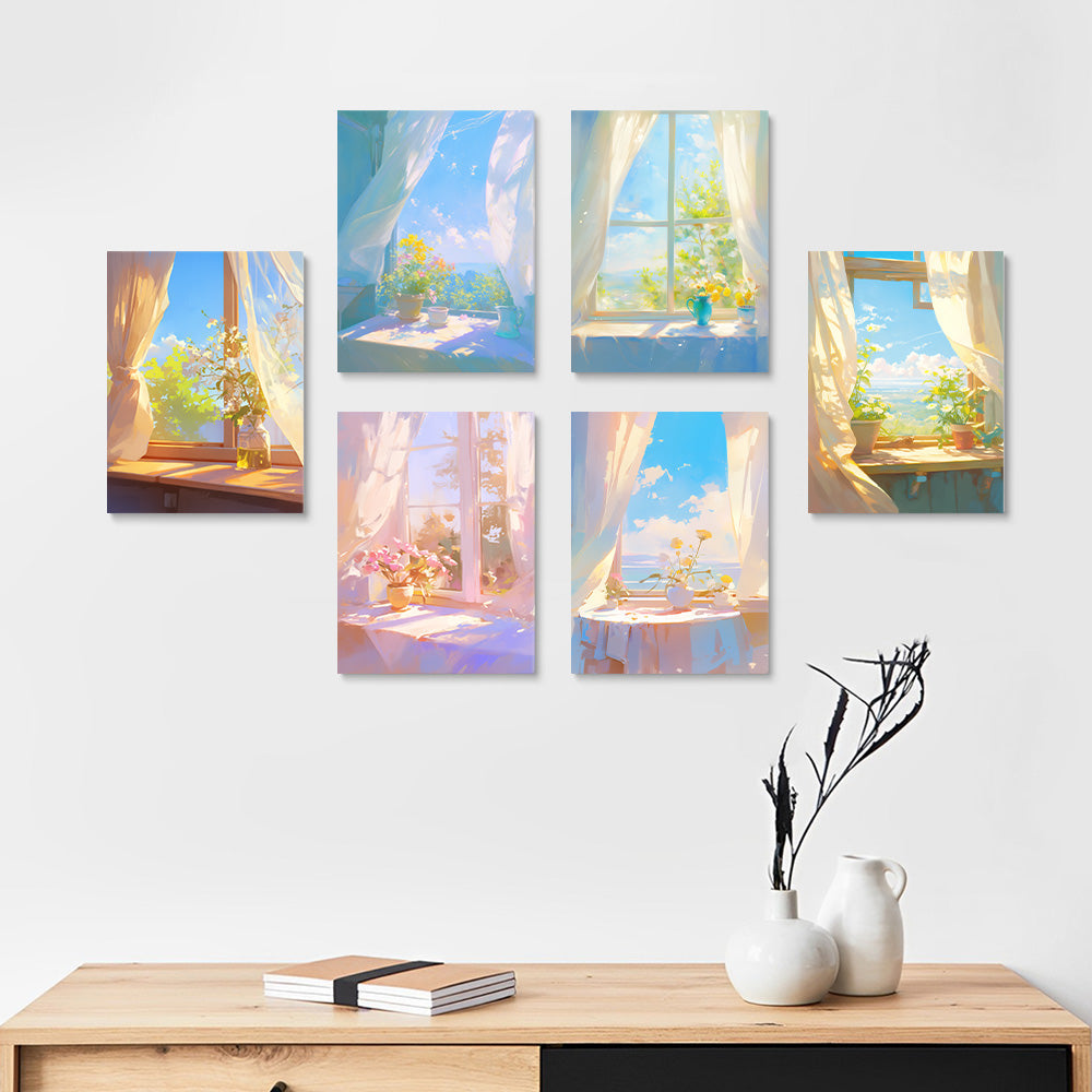 Plantes en Pot sur le Rebord de Fenêtre 6 Mini Peintures par Numéros