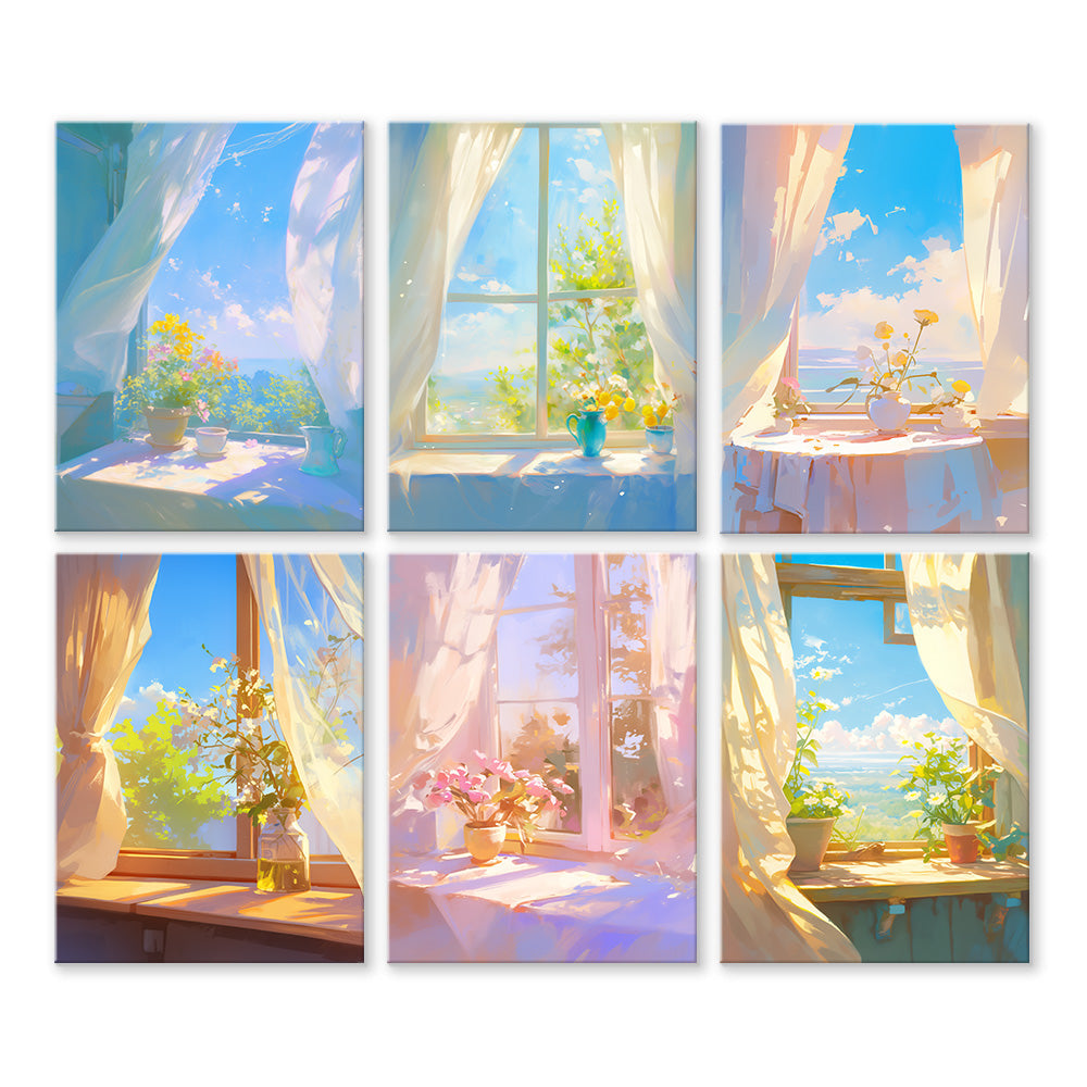 Plantes en Pot sur le Rebord de Fenêtre 6 Mini Peintures par Numéros